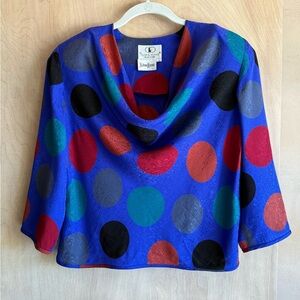 Flora Kung Vtg Silk Blouse Purple Multicolor Circles Cowl Neck 3/4 Sleeve Sz 14
